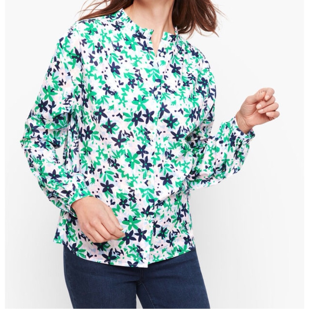 Talbots Women’s Blouse 3X Green‎ Floral Ruffle Neck Cotton Long Sleeve Button